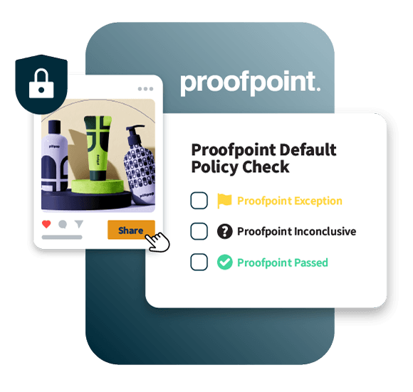 Proofpoint security interface showing policy check options with social media post of beauty products in background